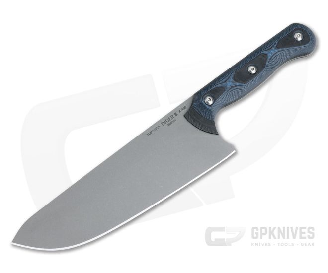 TOPS Knives Dicer 8 Chef's Knife 7.75 CPM-S35VN Tumble Finished Blade,  Black Micarta & Blue/Black G10 Handles, Black Kydex Sheath - KnifeCenter -  DCR8-01