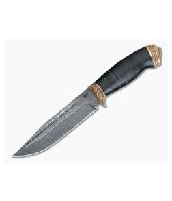 Olamic Cutlery Voykar HT Stacked Leather Bronze Fittings Damascus Fixed Blade