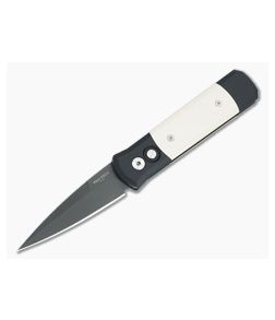 Protech Knives Godson Tuxedo Black Plain Edge Ivory Micarta Inlays 752