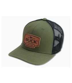 Buck Knives Leather Logo Patch OD Green Mesh Back Trucker Hat 89160