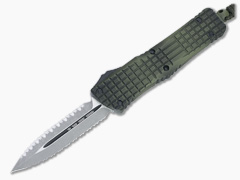 Microtech Combat Troodon D/E Frag Off Apocalyptic Double Reverse Full  Serrated Green OTF Automatic Knife For Sale